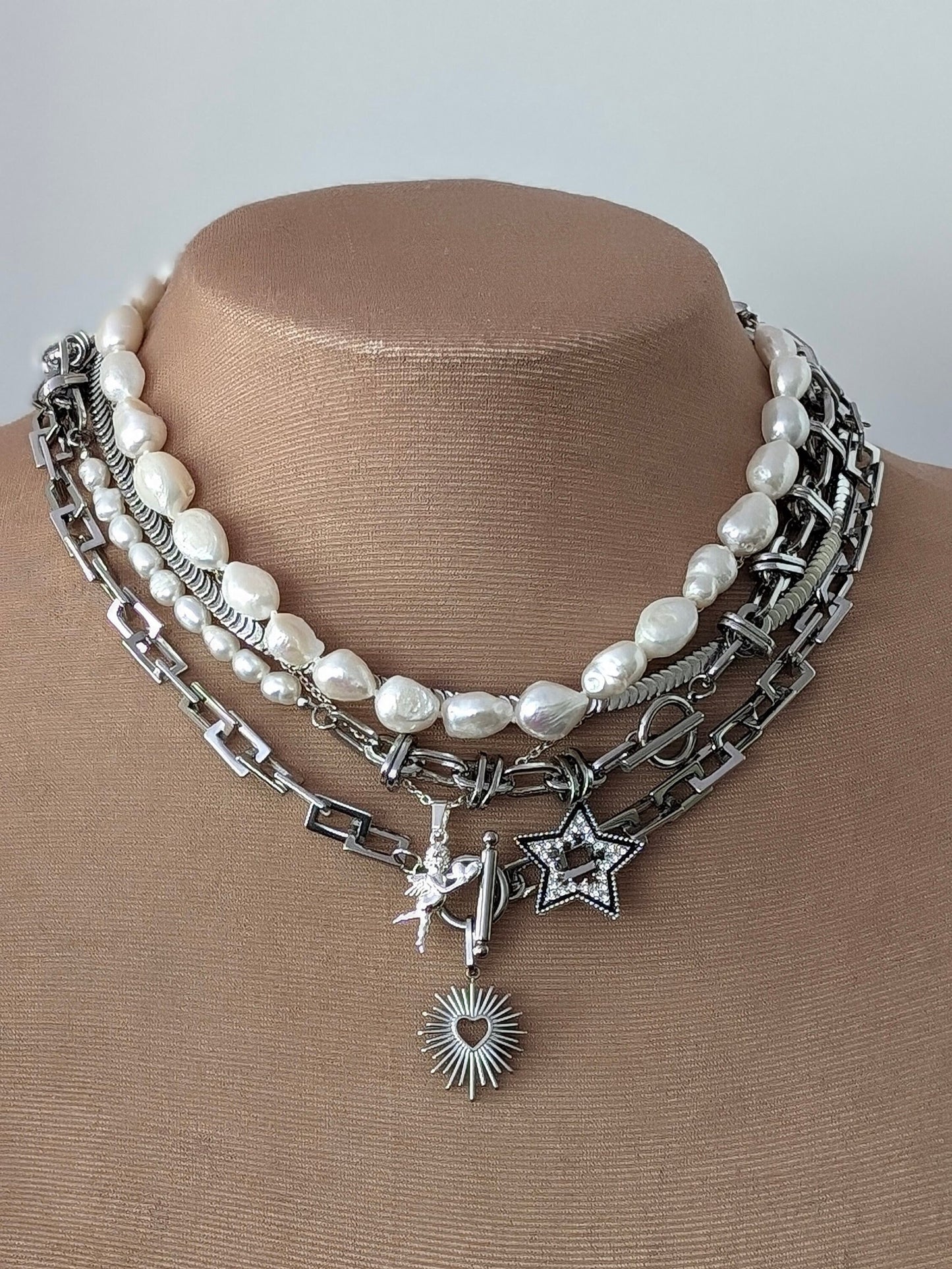 Half pearl half chain silver necklace with star charm, stacked charm necklace set, boho layered  mixed chain choker, perfect gift for her