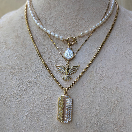 Boho freshwater pearl and gold pendant necklace stacked set, diamond phoenix pendant necklace, razorblade pave pendant, perfect gift for her