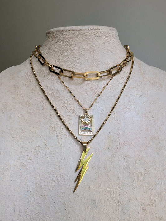 Layered gold chain pendant necklace set, thunderbolt charm, boho multi layer necklace, 14K gold sunshine pendant, chunky link chain choker
