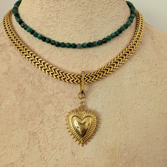 Chunky gold chain heart pendant necklace set, layering necklace, bold boho statement jewelry, large sacred heart choker, gift for girlfriend