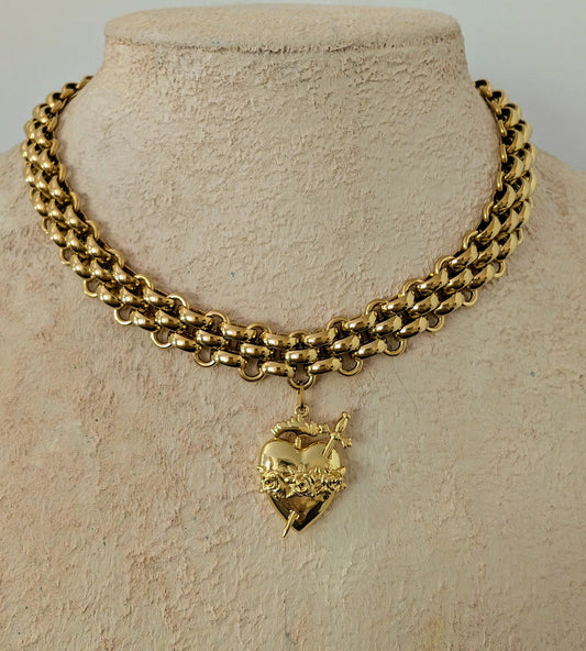 Chunky gold heart and sword necklace,  thick chain sacred heart choker, immaculate heart boho statement necklace, Catholic gift for her