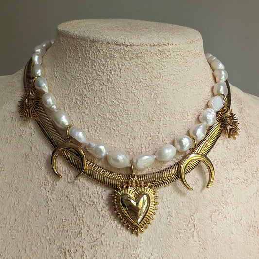 Boho baroque pearl necklace with Sacred Heart pendant, gold crescent moon charm necklace set, gold and pearl statement choker, bold jewelry