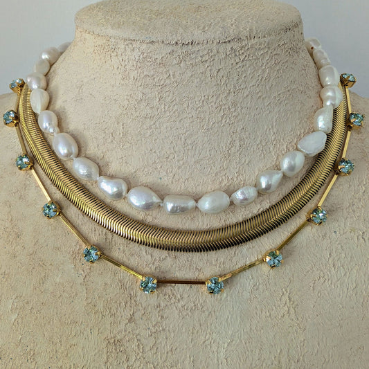 Baroque freshwater pearl choker necklace, pearl and aquamarine necklace set, 3 layer set, thick herringbone choker, dainty gold necklace