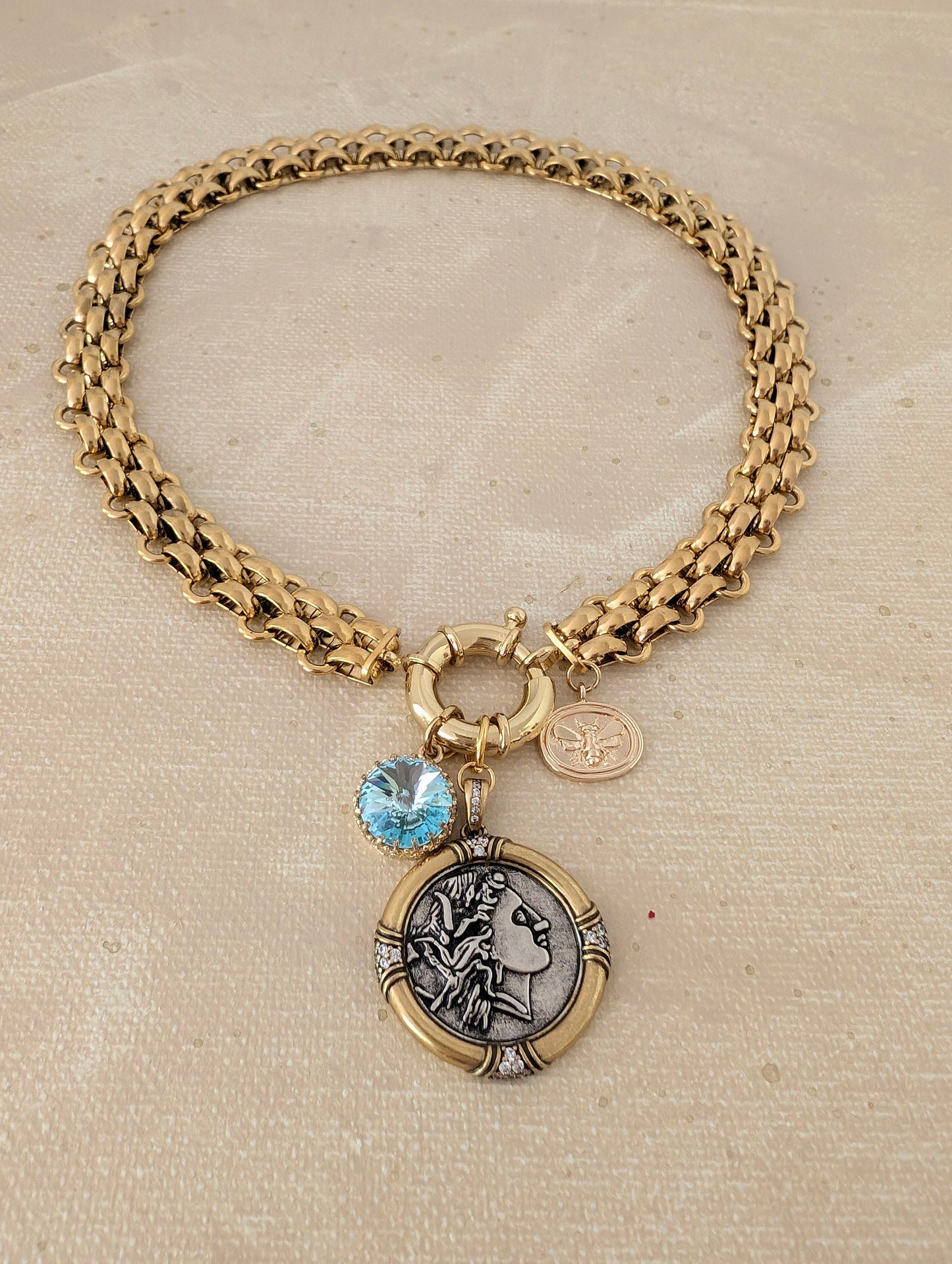 Chunky gold coin medallion choker