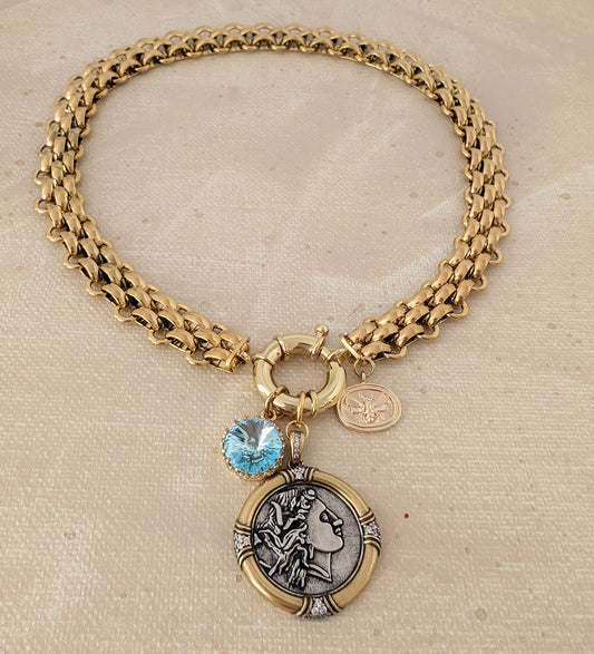 Chunky gold coin medallion choker
