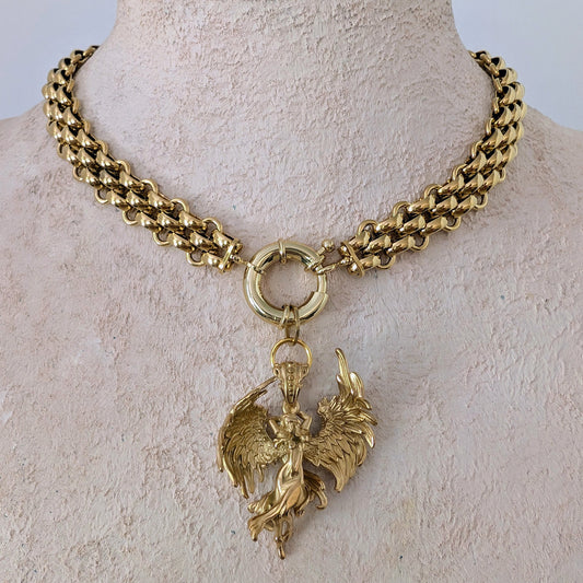 Chunky gold Chain and angel pendant choker