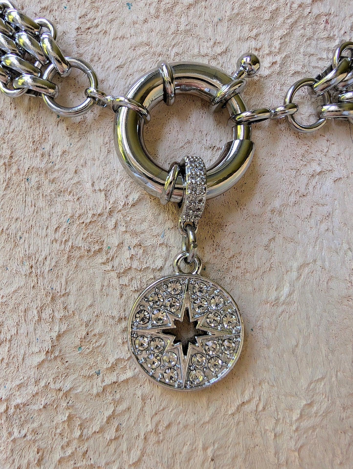Chunky silver pendant necklace,  wide link chain layering choker, boho statement diamond star charm choker, thick chain spring clasp collier