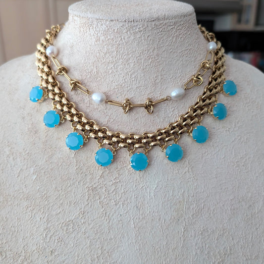 Chunky gold chain necklace with turquoise charms