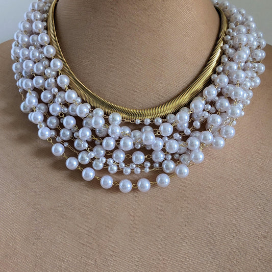Boho pearl and gold chain layered necklace, fun necklace for women, stacked pearl choker, boho bib necklace, white and gold choker for bride