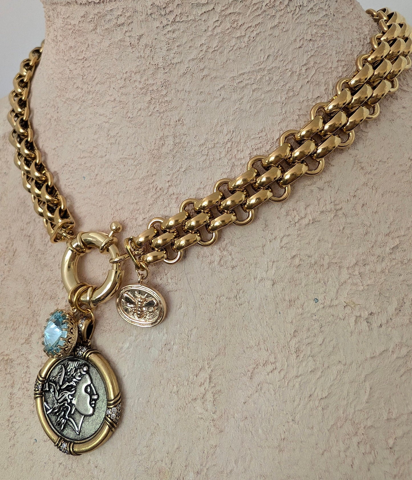 Chunky gold coin medallion choker